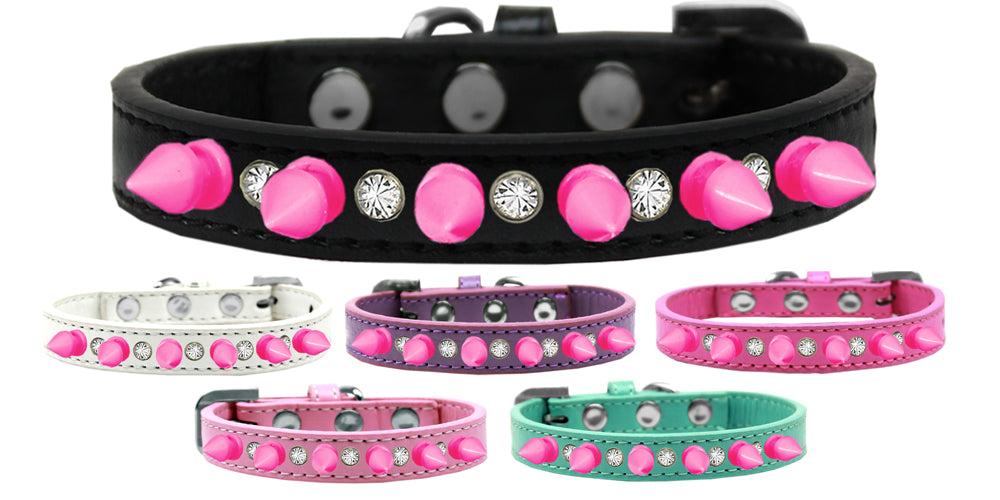 Crystal and Bright Pink Spikes Dog Collar