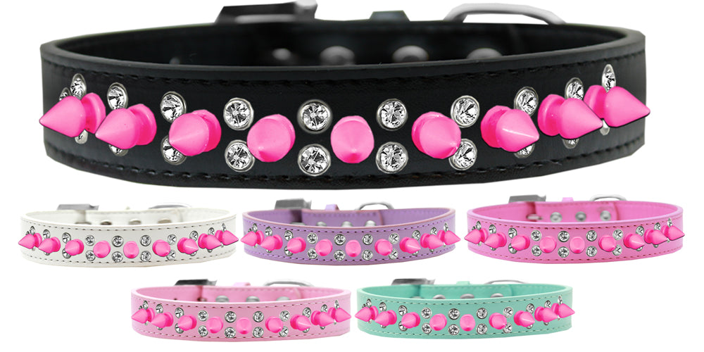 Double Crystal and Bright Pink Spikes Dog Collar