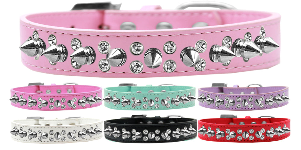 Double Crystal and Silver Spikes Dog Collar