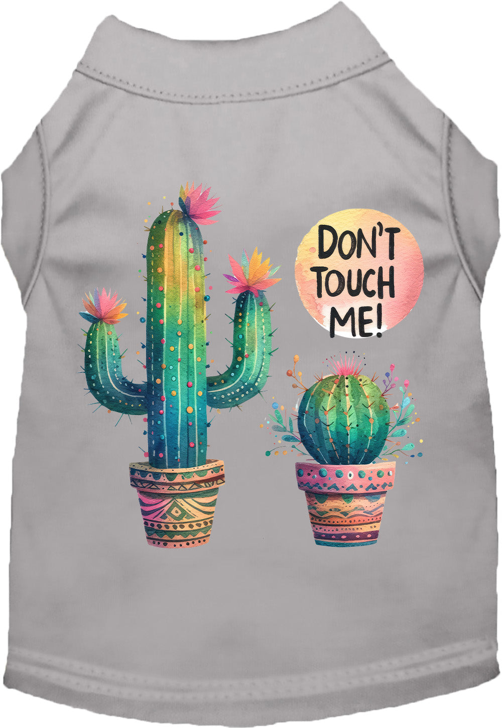 Gray pet shirt with 'Don't Touch Me' cactus design