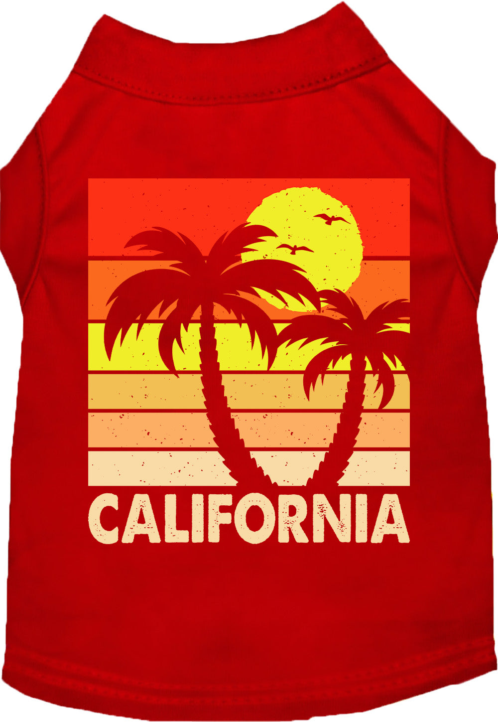 Red pet shirt with California retro palms design