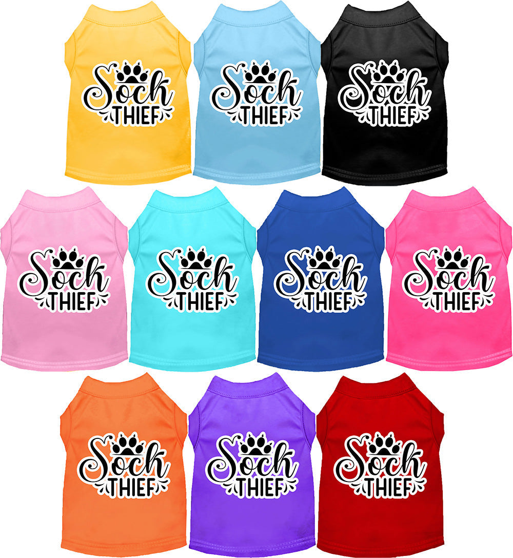 Colorful pet shirts with 'Sock Thief' design