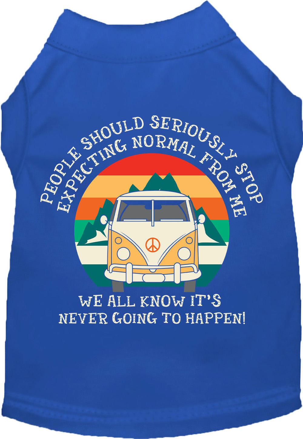 Blue pet shirt with 'Stop Expecting Normal Vanlife' design