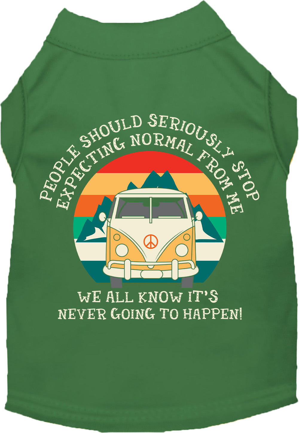 Green pet shirt with 'Stop Expecting Normal Vanlife' design