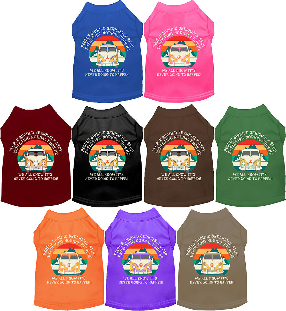 Colorful pet shirts with 'Stop Expecting Normal Vanlife' design