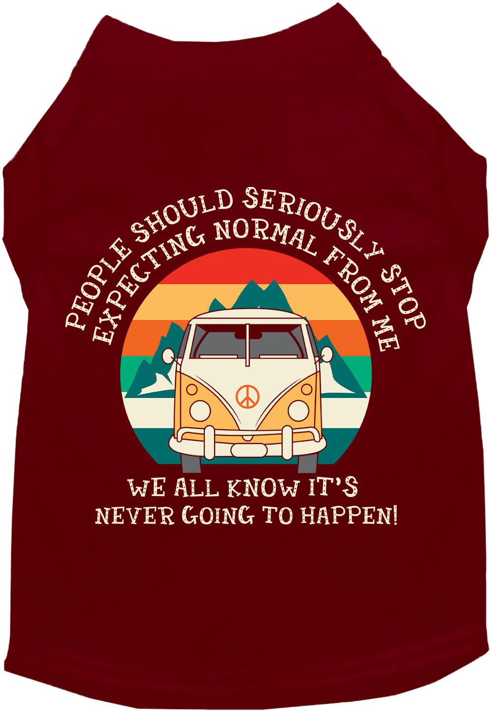 Red pet shirt with 'Stop Expecting Normal Vanlife' design