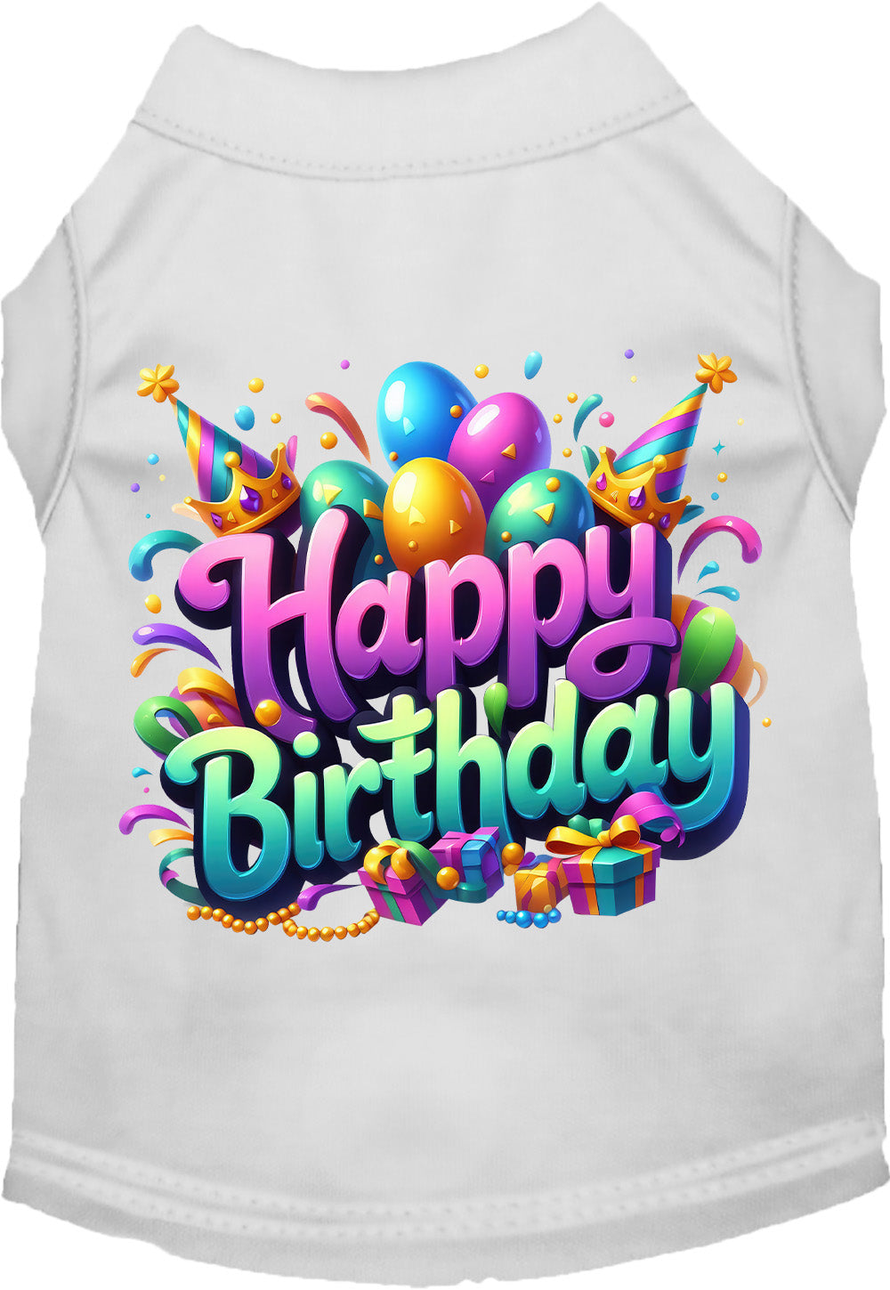 White pet shirt with 'Happy Birthday' design