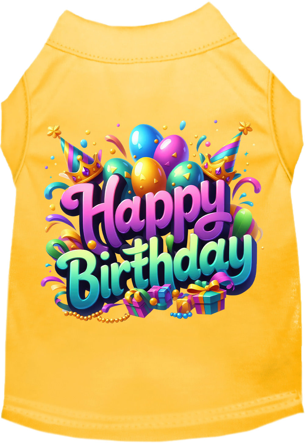 Yellow pet shirt with 'Happy Birthday' design