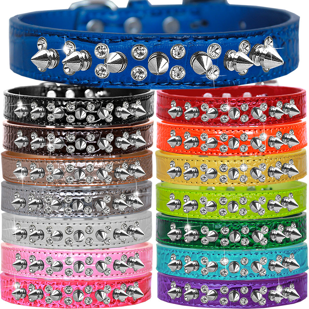 Double Crystal and Spike Croc Dog Collar