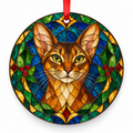 Original Abyssinian cat stained glass style porcelain Christmas ornament with red ribbon