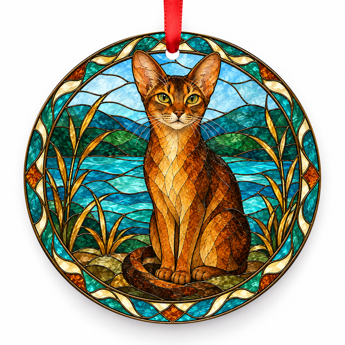 Ruddy Abyssinian cat stained glass style porcelain Christmas ornament with red ribbon