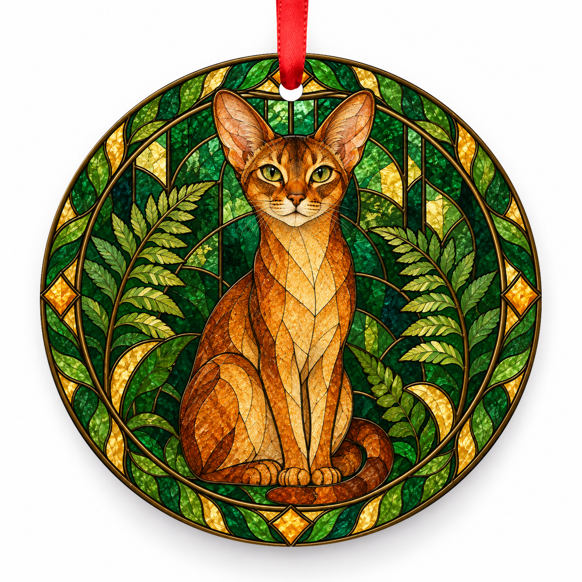 Sorrel Abyssinian cat stained glass style porcelain Christmas ornament with red ribbon