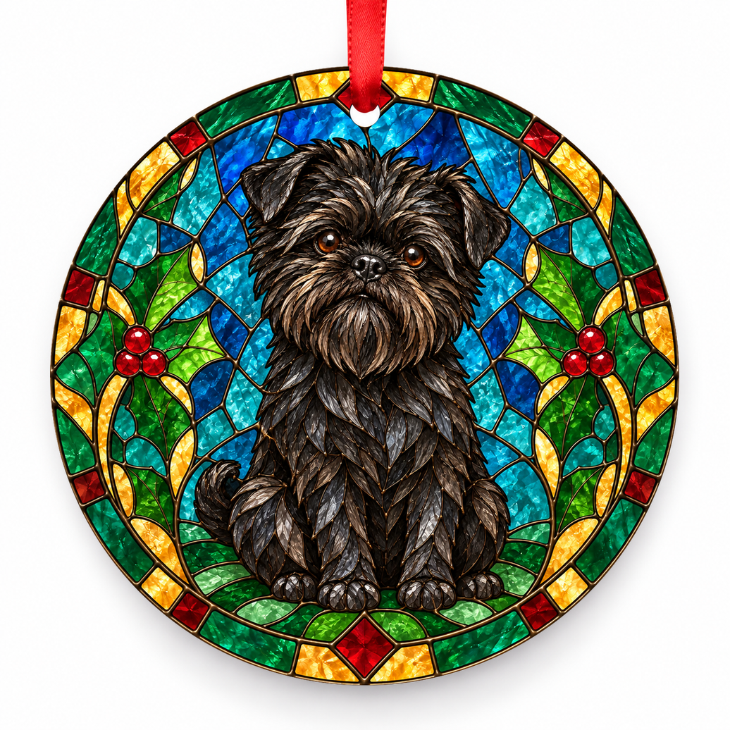 Original Affenpinscher stained glass style porcelain Christmas ornament with red ribbon