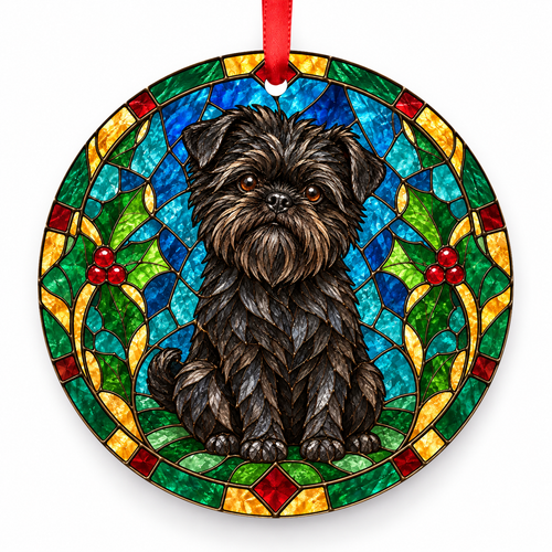 Original Affenpinscher stained glass style porcelain Christmas ornament with red ribbon