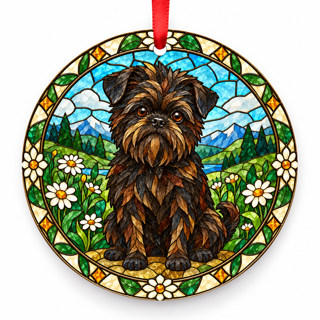 Belge Affenpinscher stained glass style porcelain Christmas ornament with red ribbon
