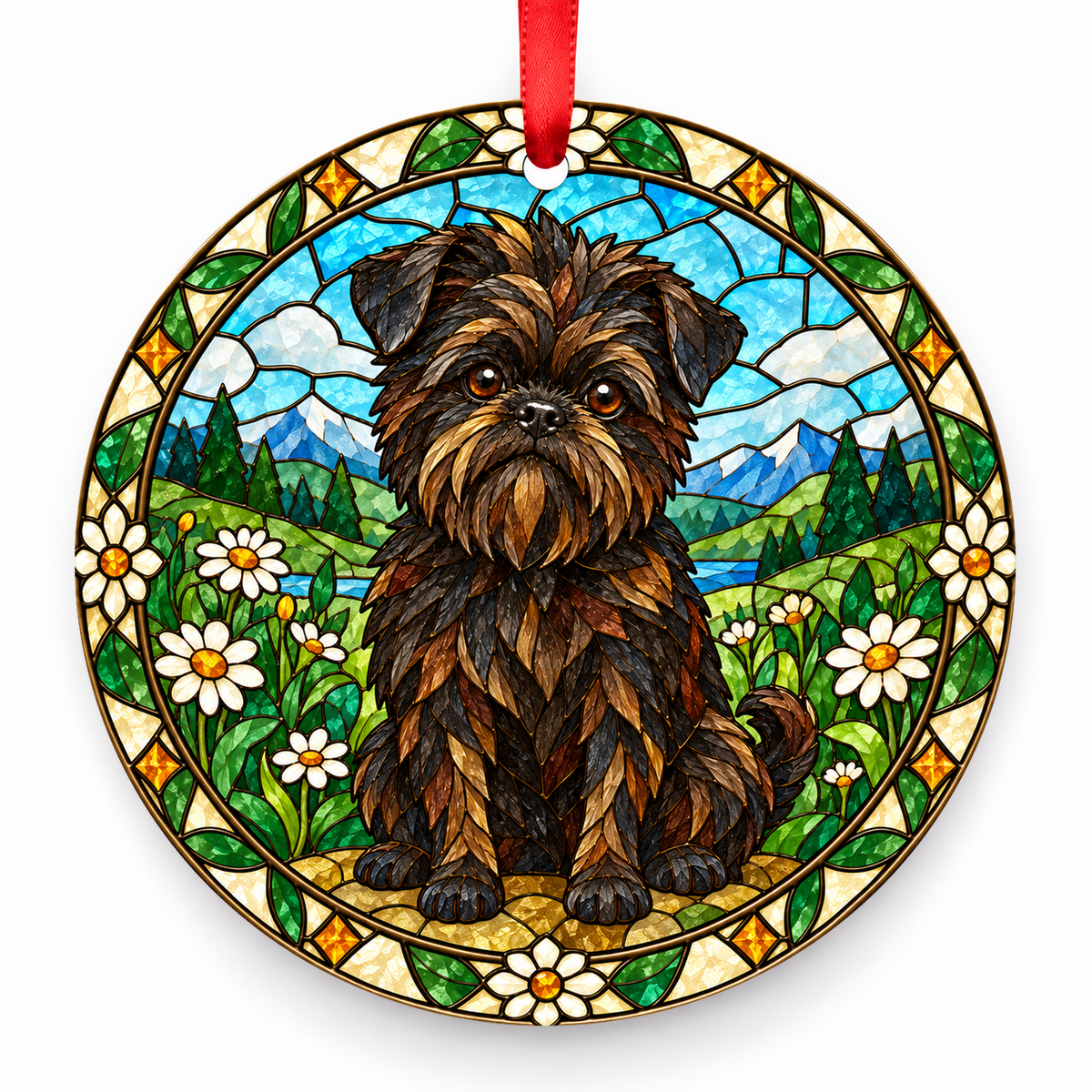 Belge Affenpinscher stained glass style porcelain Christmas ornament with red ribbon