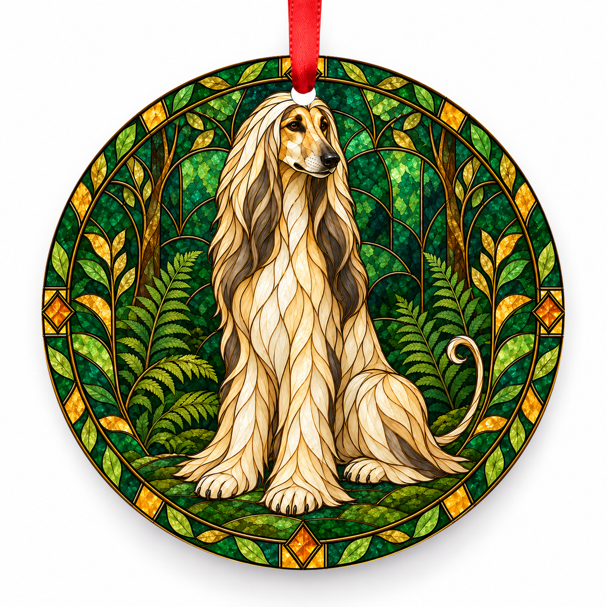 Cream Afghan Hound stained glass style porcelain Christmas ornament with red ribbon