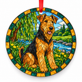 Original Airedale Terrier stained glass style porcelain Christmas ornament with red ribbon