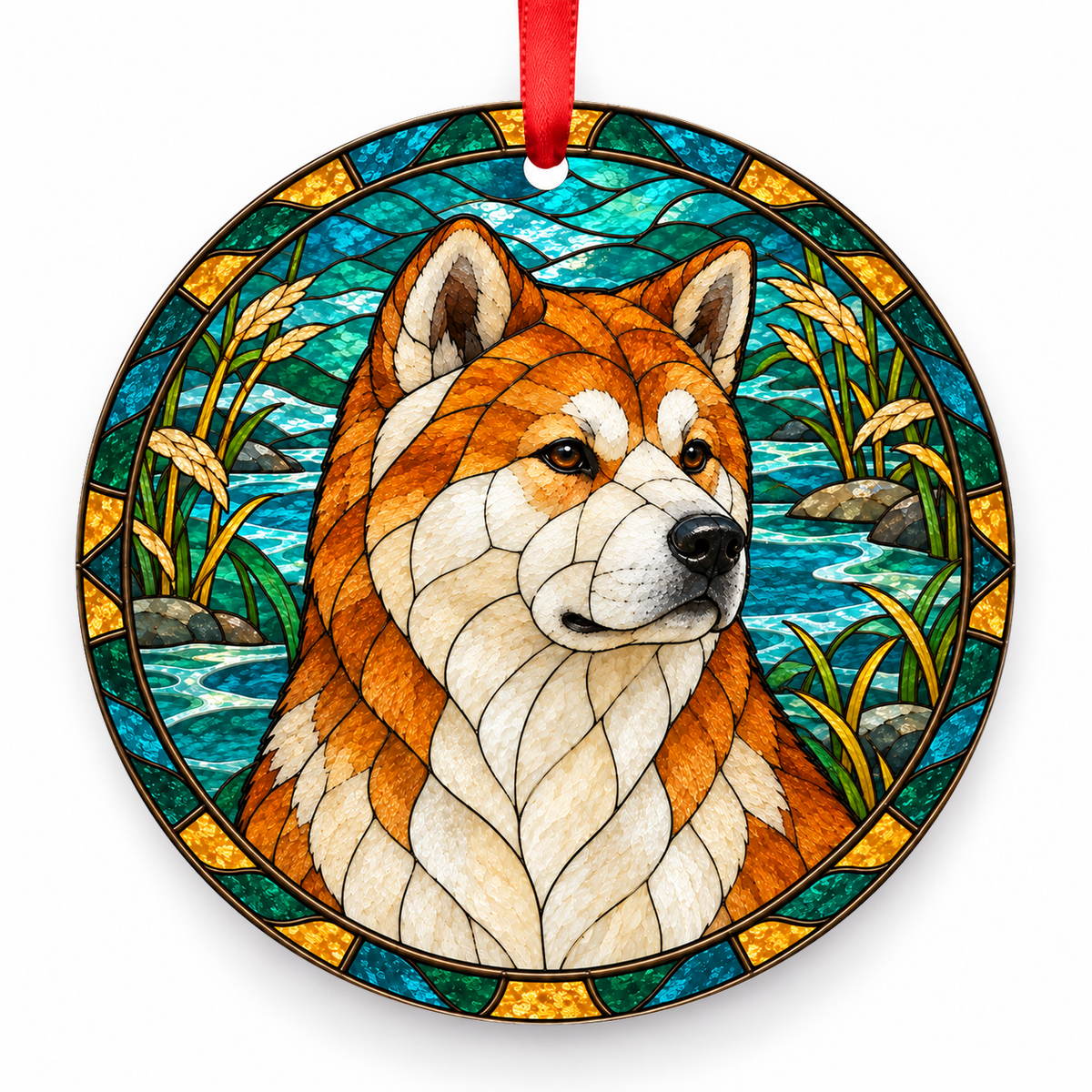 Red Fawn Akita stained glass style porcelain Christmas ornament with red ribbon