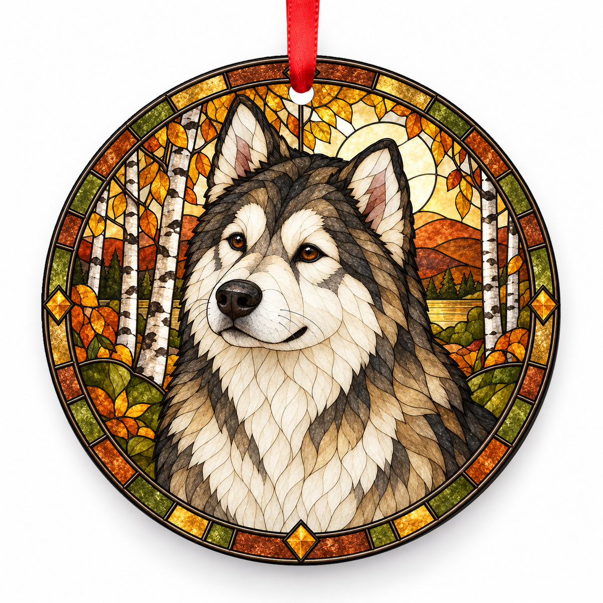 Sable White Alaskan Malamute stained glass style porcelain Christmas ornament with red ribbon