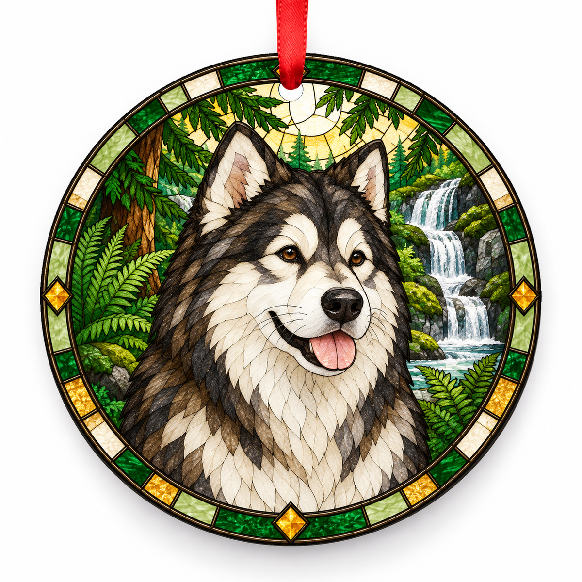 Seal White Alaskan Malamute stained glass style porcelain Christmas ornament with red ribbon