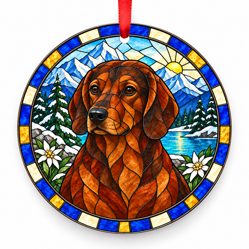 Original Alpine Dachsbracke stained glass style porcelain Christmas ornament with red ribbon