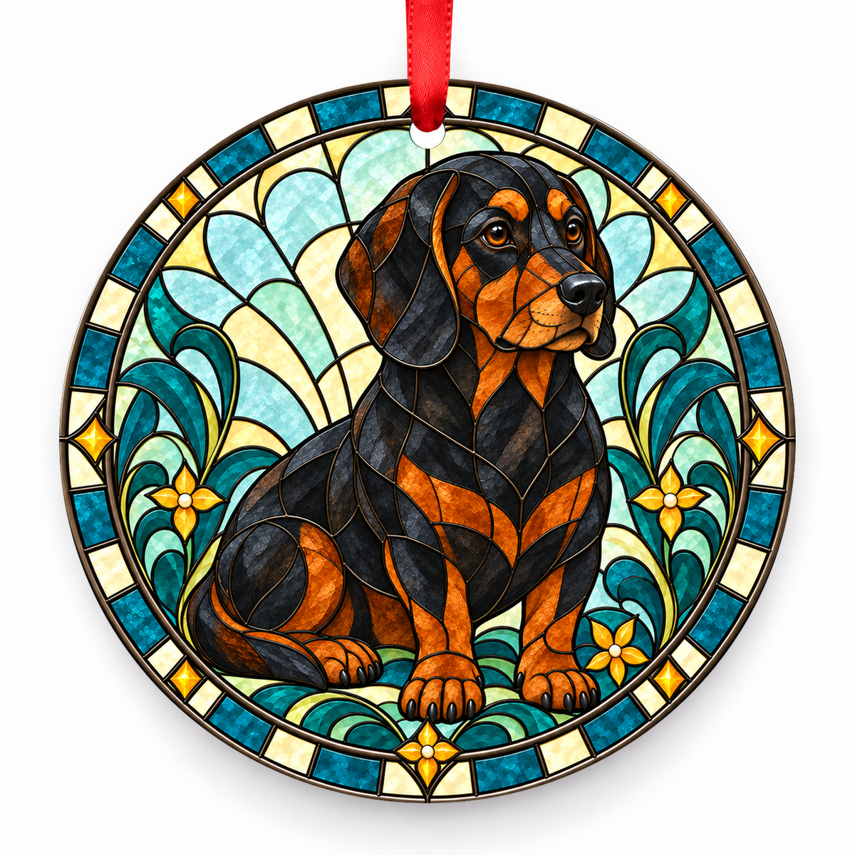 Black Tan Alpine Dachsbracke stained glass style porcelain Christmas ornament with red ribbon