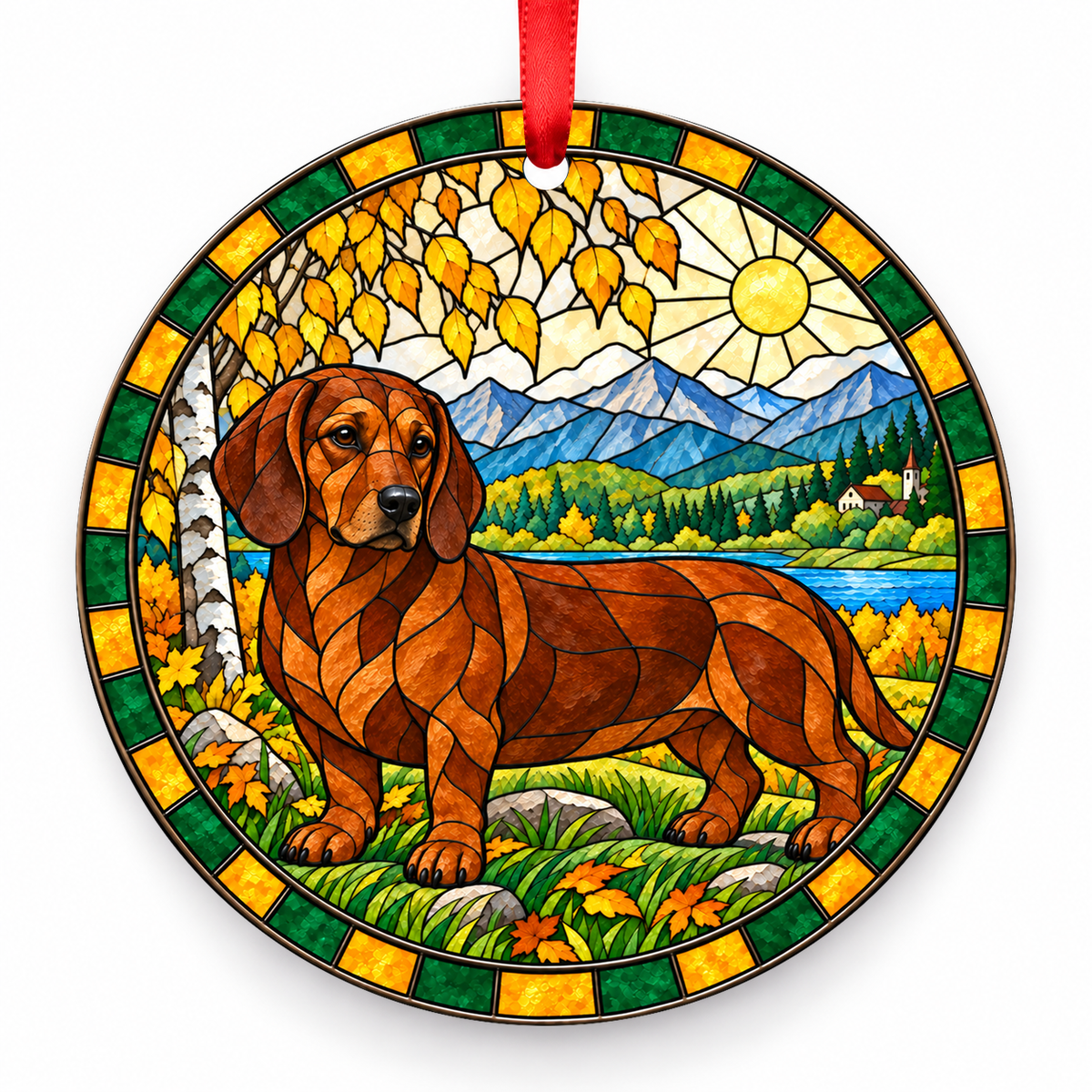 Deer Red Alpine Dachsbracke stained glass style porcelain Christmas ornament with red ribbon