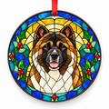 Original American Akita stained glass style porcelain Christmas ornament with red ribbon