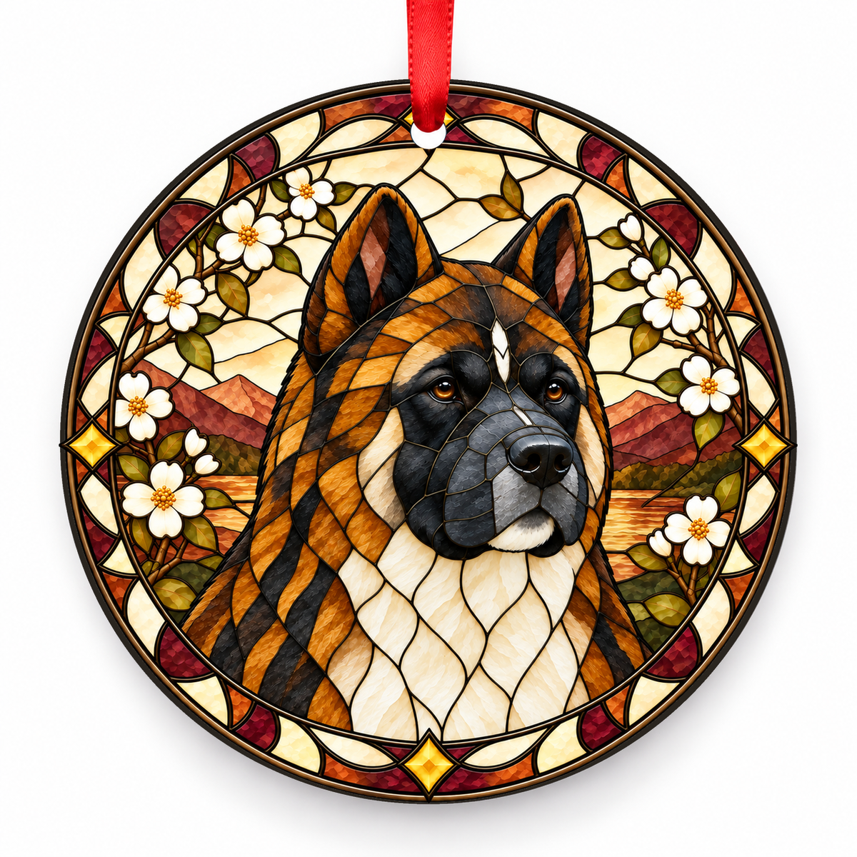 Brindle American Akita stained glass style porcelain Christmas ornament with red ribbon