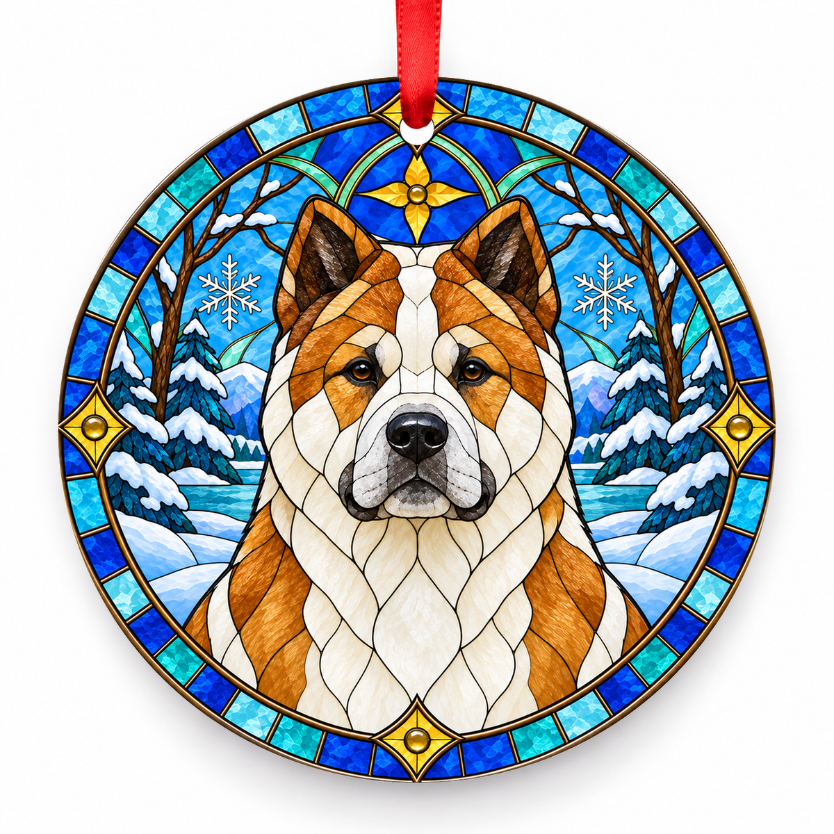 Pinto American Akita stained glass style porcelain Christmas ornament with red ribbon