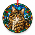 Original American Bobtail stained glass style porcelain Christmas ornament with red ribbon