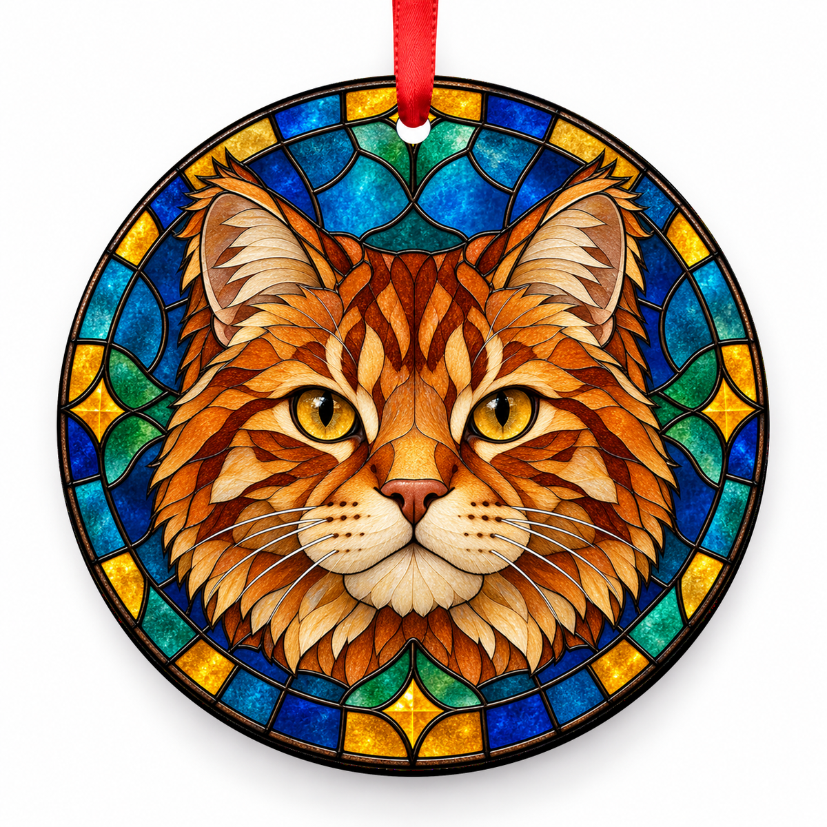 Red Tabby American Bobtail stained glass style porcelain Christmas ornament with red ribbon