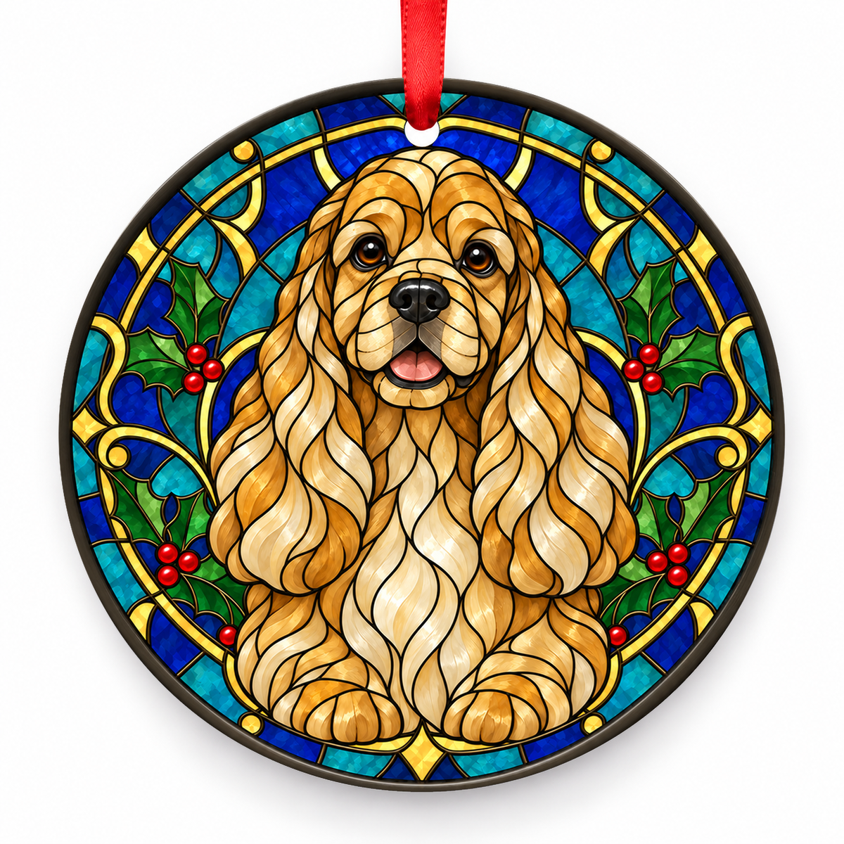 Original American Cocker Spaniel stained glass style porcelain Christmas ornament with red ribbon