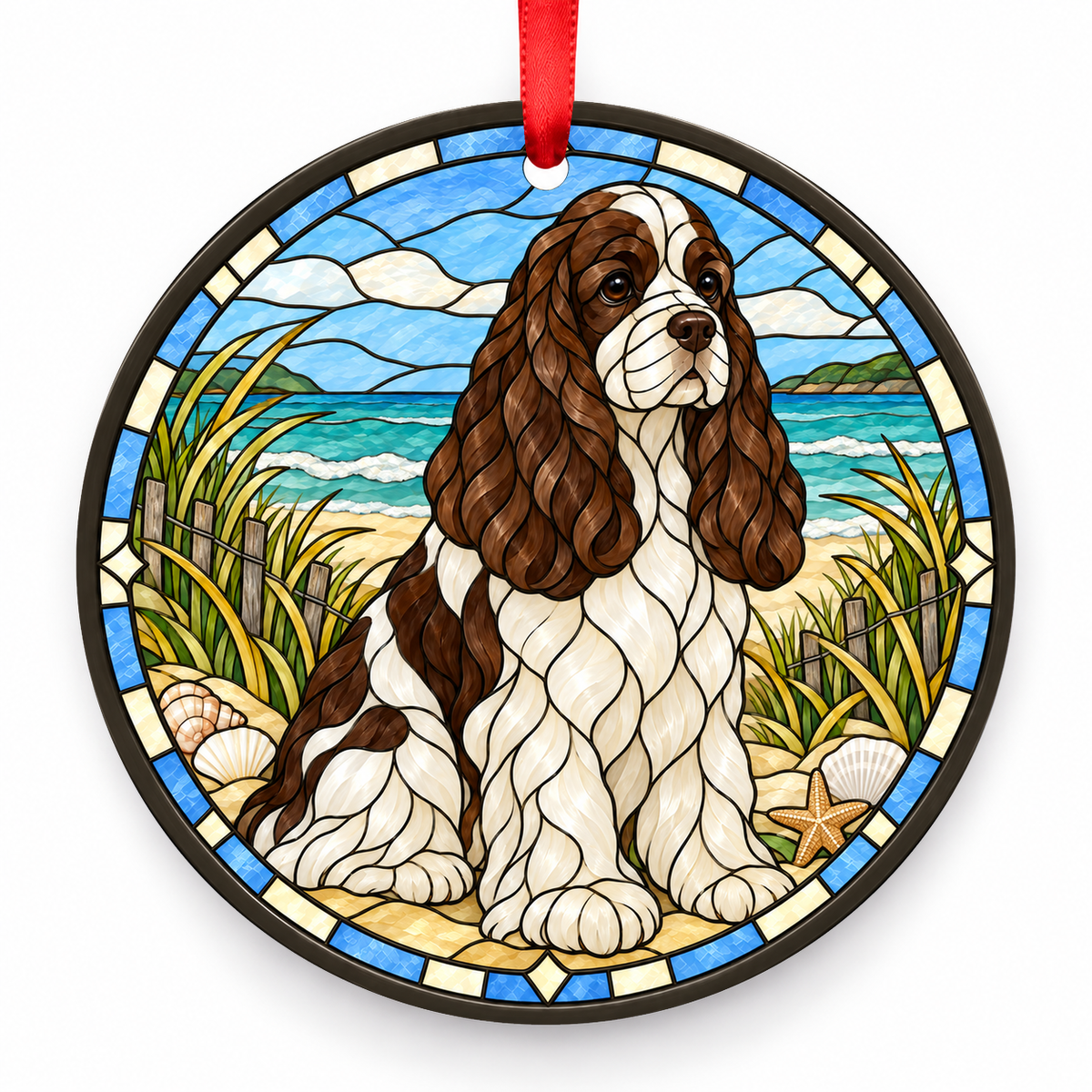 Brown White Parti American Cocker Spaniel stained glass style porcelain Christmas ornament with red ribbon