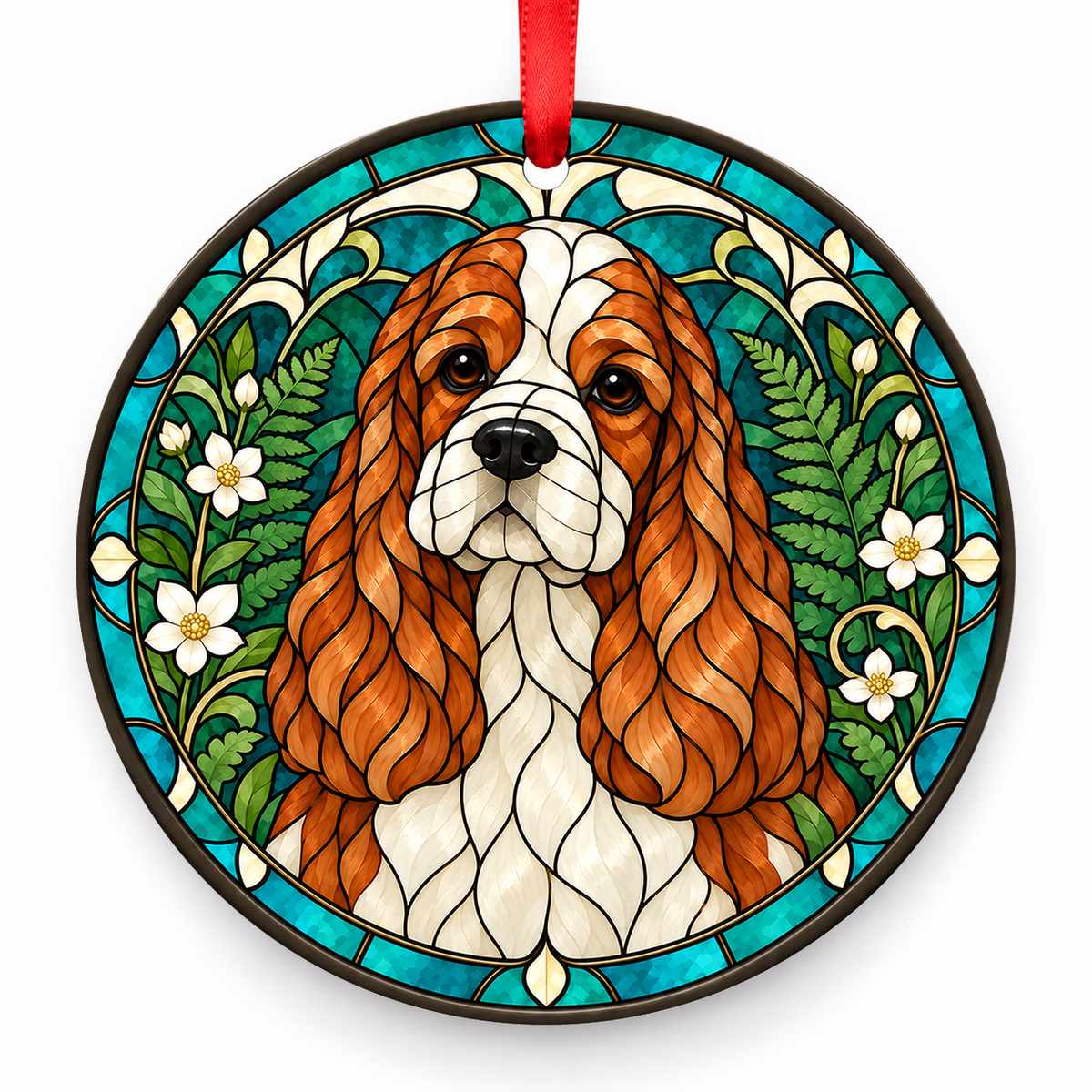 Red White Parti American Cocker Spaniel stained glass style porcelain Christmas ornament with red ribbon