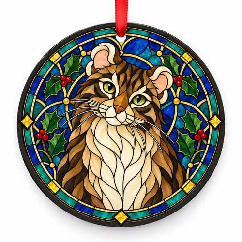 Original American Curl stained glass style porcelain Christmas ornament with red ribbon