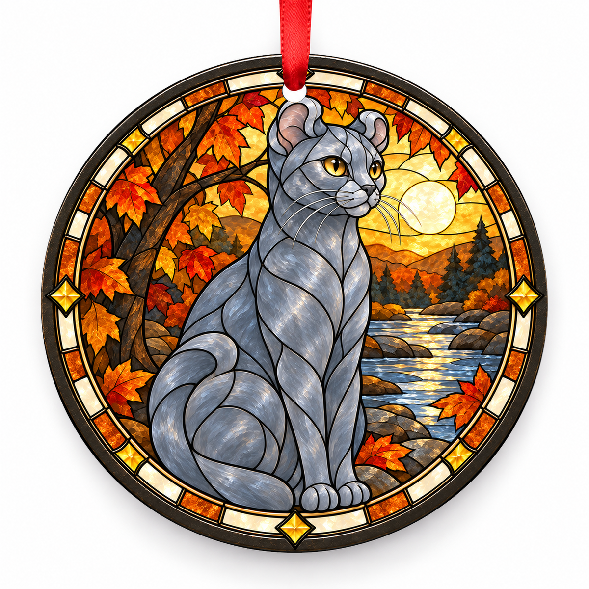 Blue American Curl stained glass style porcelain Christmas ornament with red ribbon