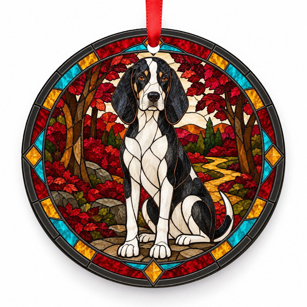 Black White American English Coonhound stained glass style porcelain Christmas ornament with red ribbon