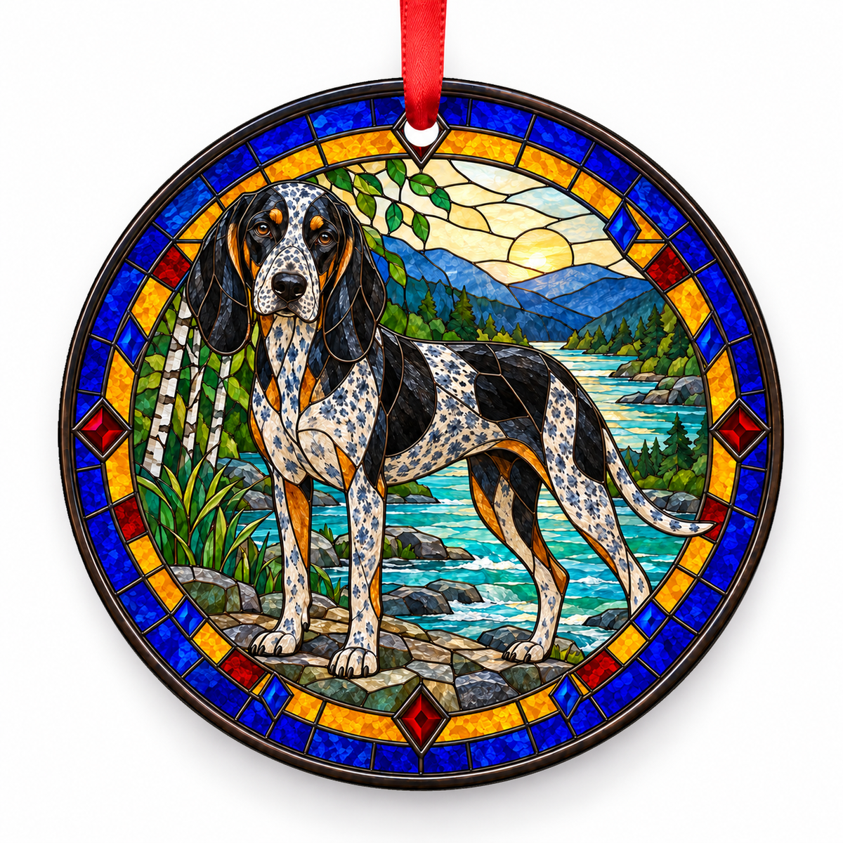 Bluetick American English Coonhound stained glass style porcelain Christmas ornament with red ribbon