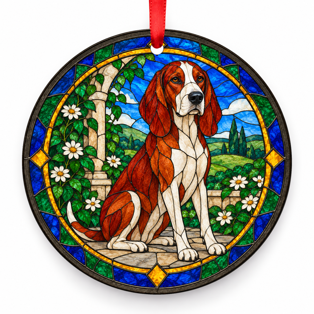 Red White American English Coonhound stained glass style porcelain Christmas ornament with red ribbon