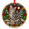 Original American Shorthair stained glass style porcelain Christmas ornament with red ribbon