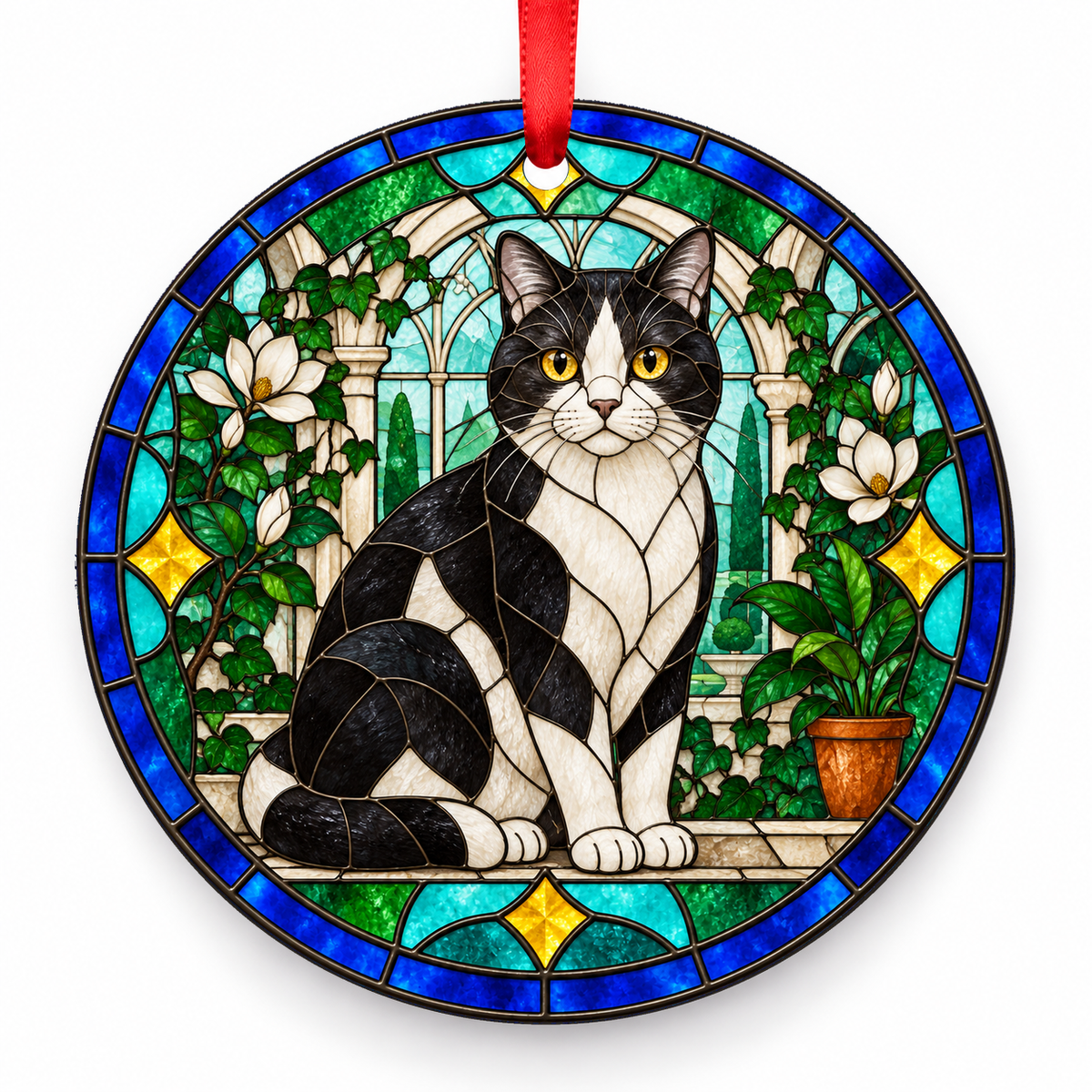 Black White American Shorthair stained glass style porcelain Christmas ornament with red ribbon