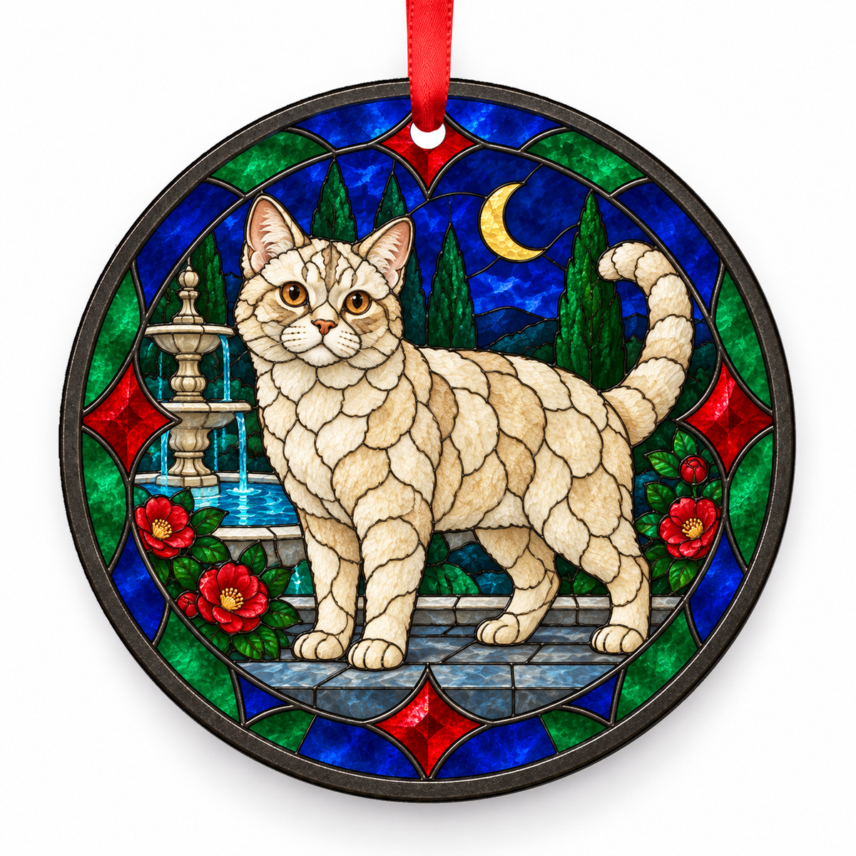 Cream American Wirehair stained glass style porcelain Christmas ornament with red ribbon