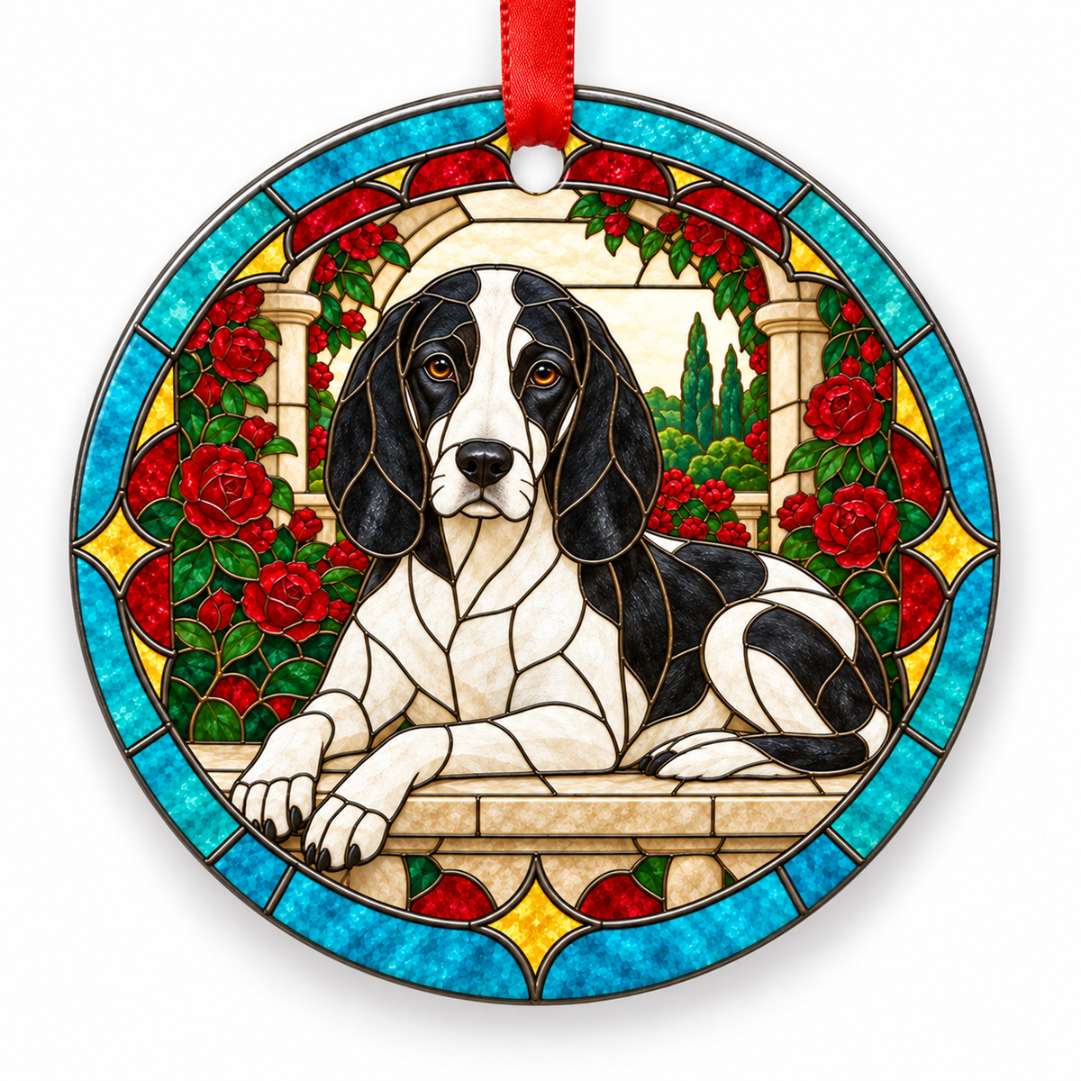 White Black Anglo-Français de Petite Vénerie stained glass style porcelain Christmas ornament with red ribbon