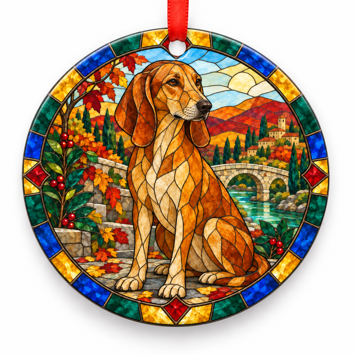 Original Appennine Hound stained glass style porcelain Christmas ornament with red ribbon