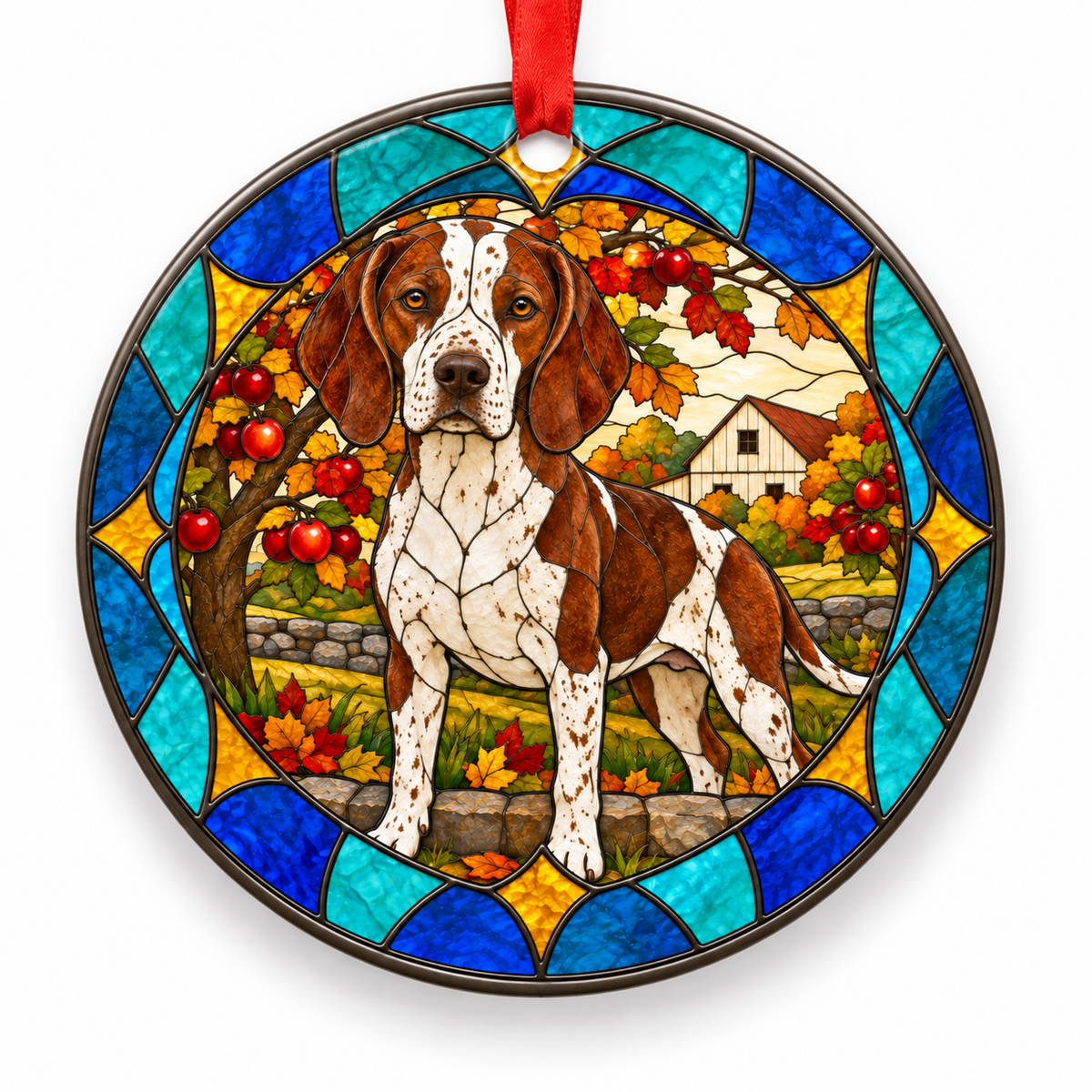 Chestnut White Ariege Pointing Dog stained glass style porcelain Christmas ornament with red ribbon