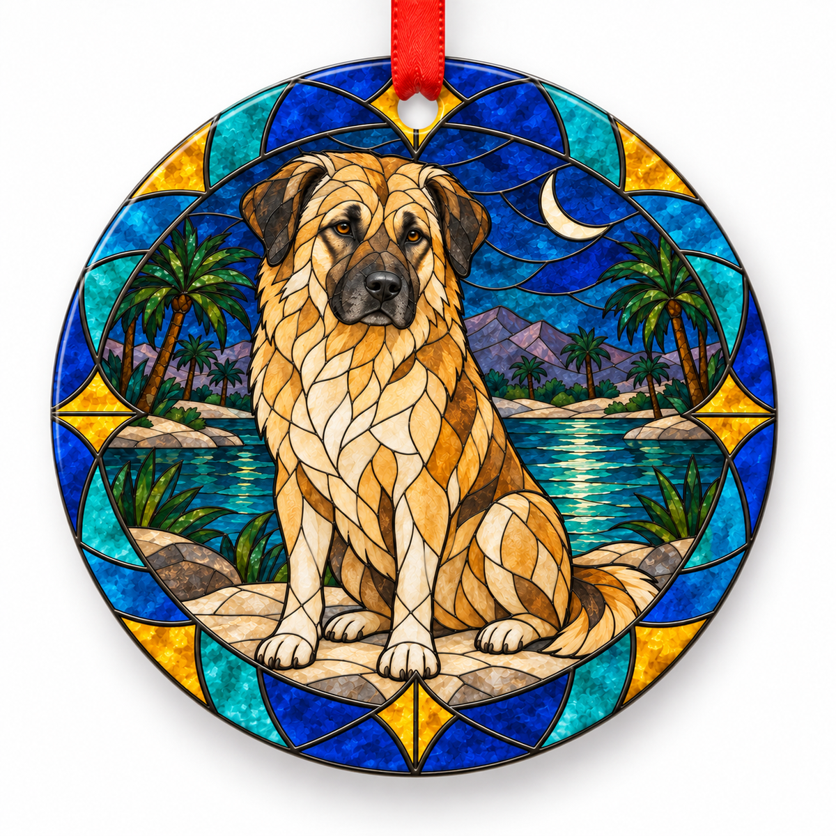 Fawn Atlas Mountain Dog (Aidi) stained glass style porcelain Christmas ornament with red ribbon
