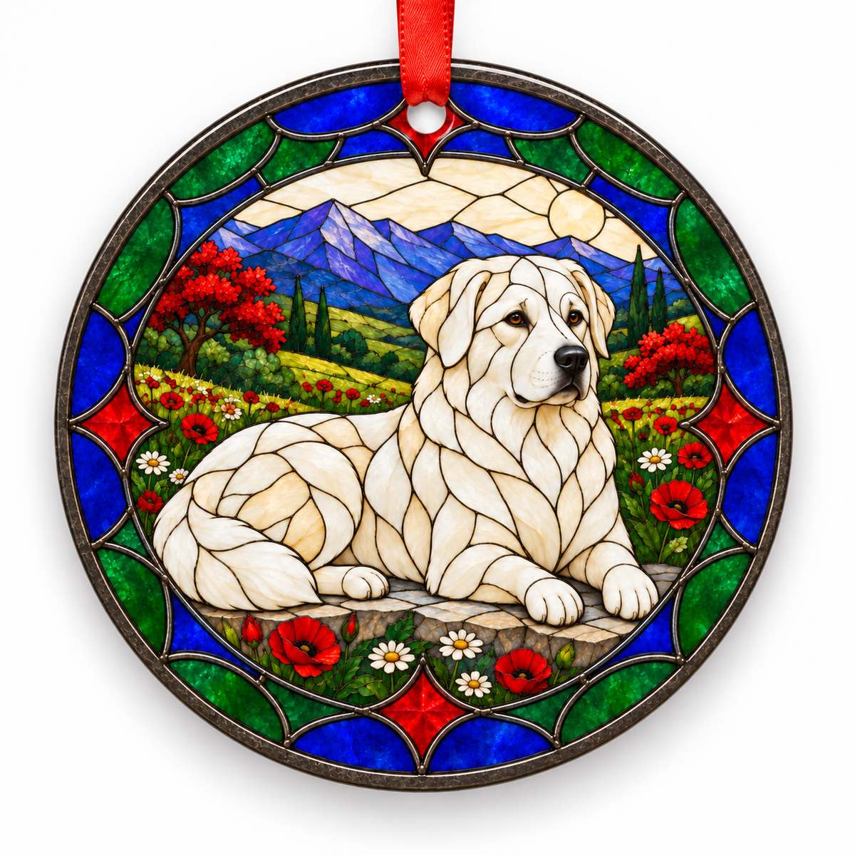 White Atlas Mountain Dog (Aidi) stained glass style porcelain Christmas ornament with red ribbon