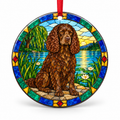 Original American Water Spaniel stained glass style porcelain Christmas ornament with red ribbon